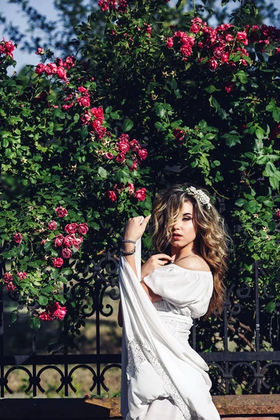 Retrato al aire libre de joven hermosa chica rizada cerca de red forjada con rosas . — Foto de Stock