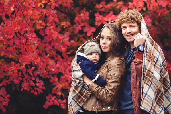 Young happy family, covered in blanket, stands near beautiful red autumn trees. — Stock Photo, Image