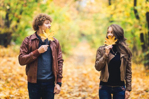 Milující šťastný pár na podzim v parku drží podzimní javorové listy v rukou. — Stock fotografie