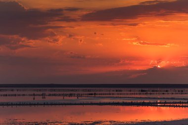 tuz tesisi ahşap yığınları ile göl üzerinde güzel gün batımı.