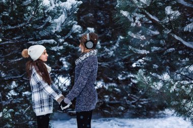 Anne ve kızı var kış orman oynayan eğlenceli.