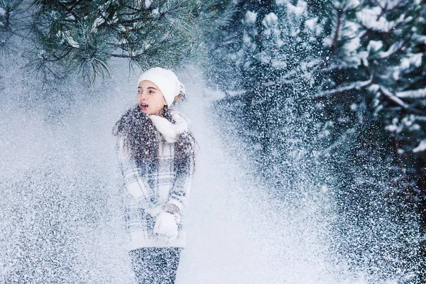 Stylish cheerful girl in a sweater in the winter forest. Snow from tree falls on the girl. — Stock Photo, Image