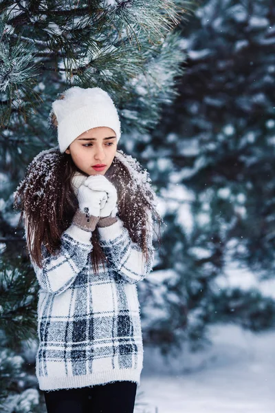 Stylish sad girl in the winter forest. — Stock Photo, Image