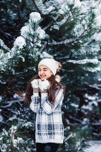 Stijlvolle vrolijk meisje in een trui in de winter forest. — Stockfoto