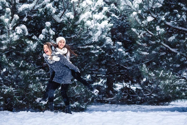 Madre e hija se divierten jugando en el bosque de invierno . —  Fotos de Stock