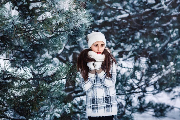 Eleganta ledsen flicka i skogen vinter. — Stockfoto