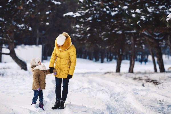 Beautiful young mother and her little daughter are walking holding hands in the winter forest. — Stock Photo, Image