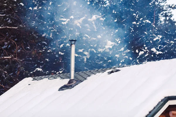 Foto de un techo cubierto de nieve con una chimenea en el bosque —  Fotos de Stock