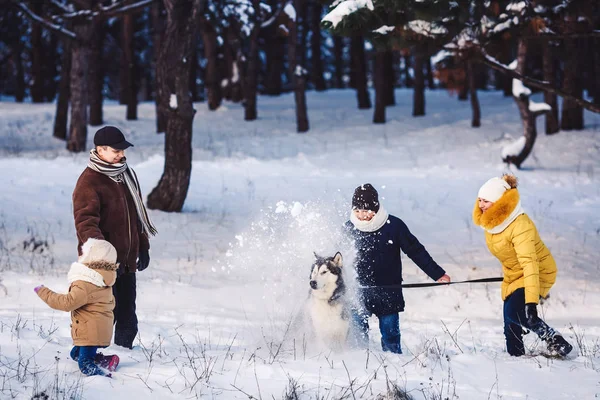 Feliz joven familia caucásica juega con un perro en invierno en un bosque de pinos —  Fotos de Stock