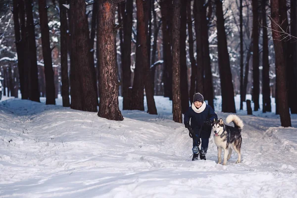 Hond en de jongen lopen in de winter in het bos. Het concept van een actieve vakantie in de wintervakantie — Stockfoto