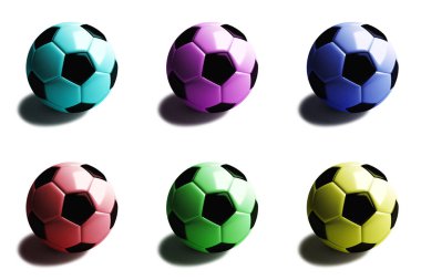 futbol topu altı renk gölgesinde: Camgöbeği, pembe, mavi, kırmızı, yeşil, sarı. Beyaz izole. 3D render.
