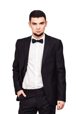 Ciddi sıkı işadamı veya patron tam büyüme siyah elbiseli