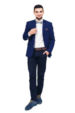 Mavi takım, kendine güvenen başarılı iş adamı veya şovmen zarif delikanlı