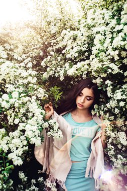 Harika bahar. Doğa ve çiçek açması erkeçsakalı arasında güneş ışığı güzel genç kız seviyor.