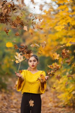 Genç kız havaya sarı yapraklar fırlatıyor..