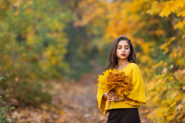 Sonbahar akçaağaç yapraklı neşeli kadın portresi parkta.