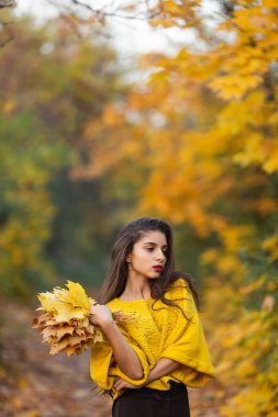 Sonbahar akçaağaç yapraklı neşeli kadın portresi parkta.
