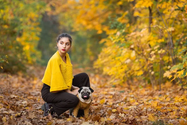 Девочка Подросток Собачьим Мопсом Осенью Парке — стоковое фото