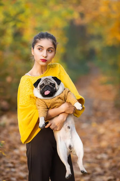 Девочка Подросток Собачьим Мопсом Осенью Парке — стоковое фото