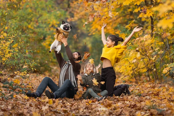 Νεαρή Οικογένεια Σκύλο Φύλλα Την Ημέρα Του Φθινοπώρου Γενειοφόρος Άντρας — Φωτογραφία Αρχείου