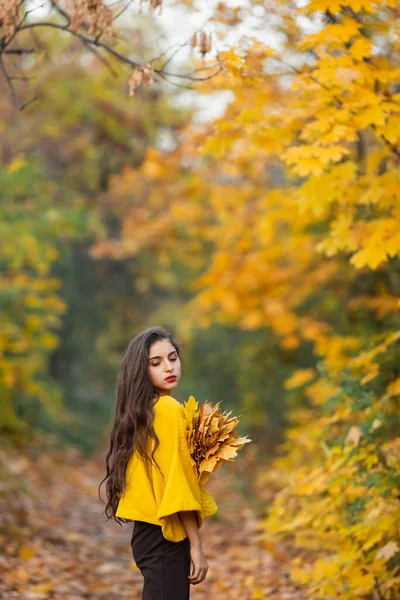 Wesoły Portret Kobiety Jesiennymi Liśćmi Klonu Parku — Zdjęcie stockowe