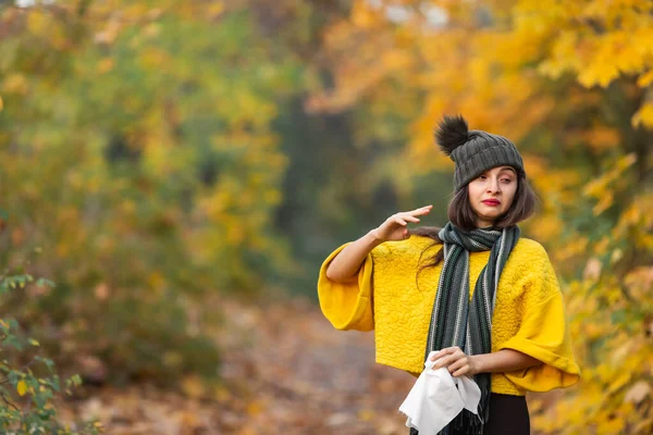 Teenage Girl Sneezes Scarf Street Autumn Concept Autumn Illness Allergy — Stock Photo, Image