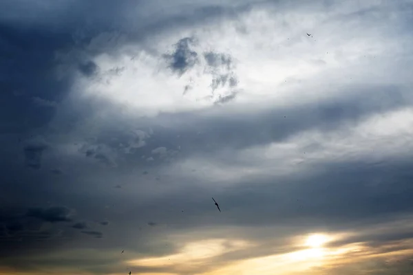夕阳西下 天空充满戏剧性 浓密的乌云 — 图库照片
