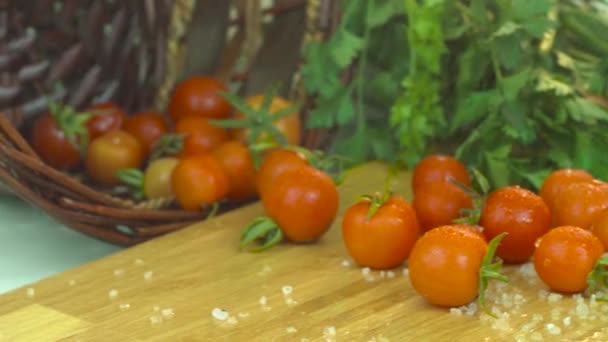 Cherry Tomato Top Wooden Board Herbs Lemons Coarse Salt Side — Stock Video
