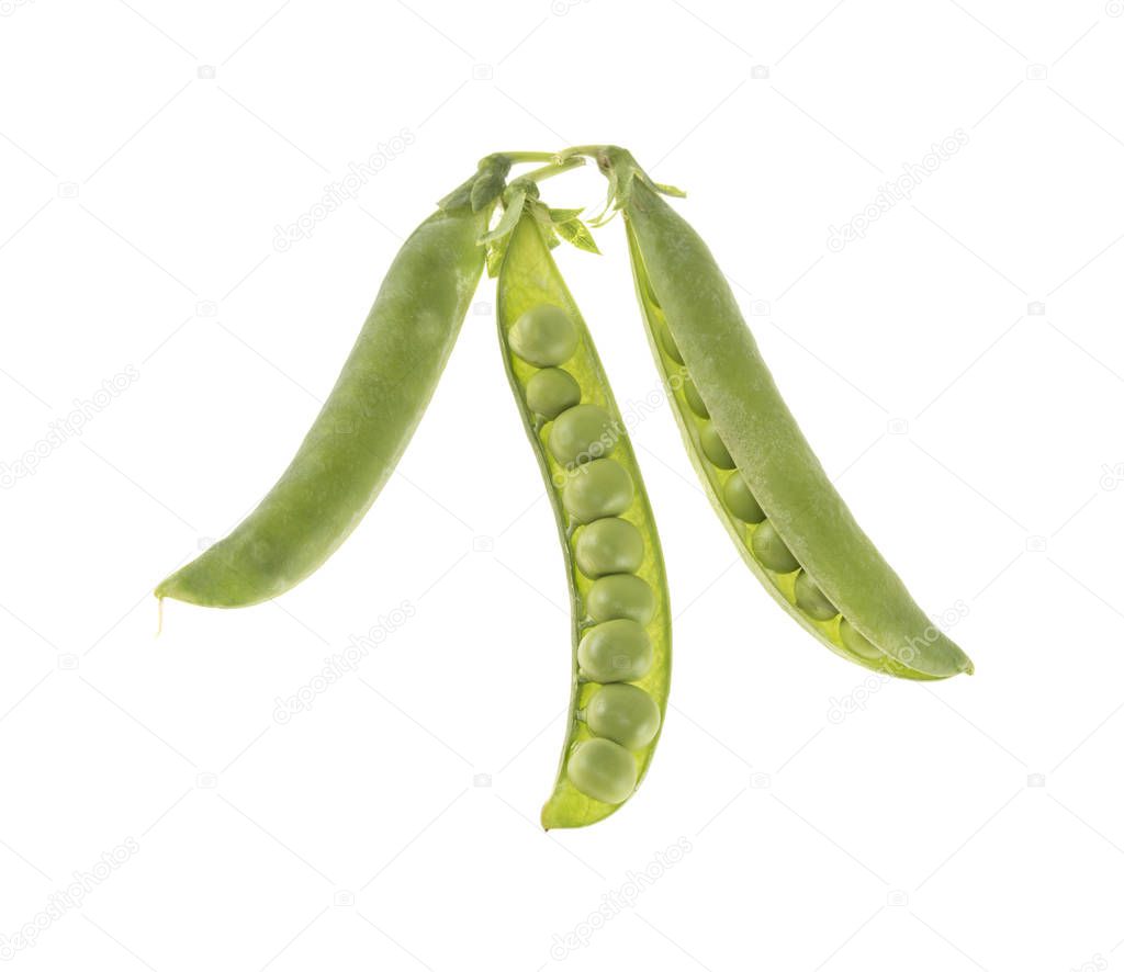 three pods of green peas on isolated white background