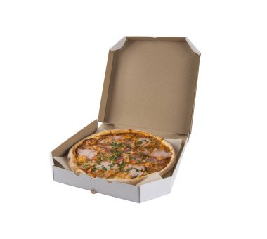 Pizza izole bir beyaz zemin üzerine bir kutu içinde