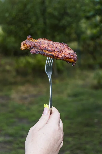 Holding Meat Fork — Stock Photo, Image
