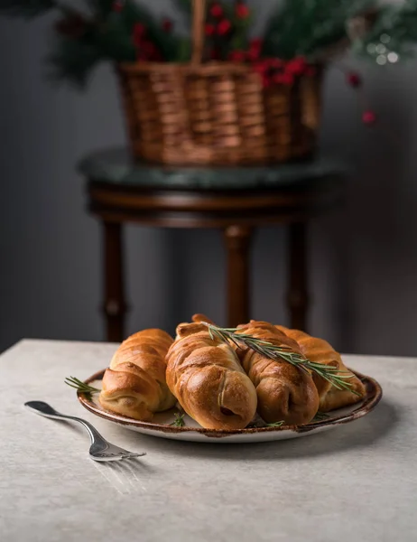 Sausage Rolls Homemade Savoury Food Grey Marble Table Dark Background — Stock Photo, Image