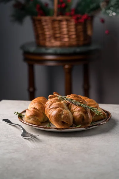 Sausage Rolls Homemade Savoury Food Grey Marble Table Dark Background — Stock Photo, Image