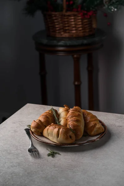 Sausage Rolls Homemade Savoury Food Grey Marble Table Dark Background — Stock Photo, Image