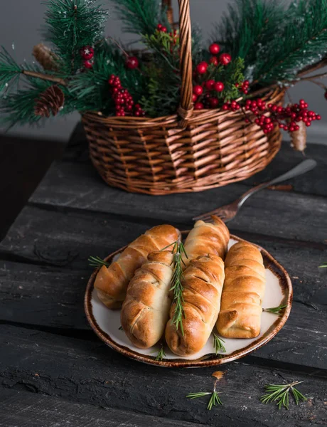 Homemade Sausage Rolls Rustic Plate Dark Wooden Backdrop Festive Basket — Stock Photo, Image