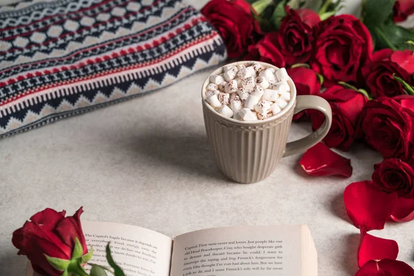 hot chocolate marshmallow, dessert drink, red roses, grey backdrop