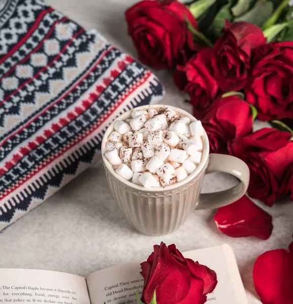 hot chocolate marshmallow, dessert drink, red roses, grey backdrop