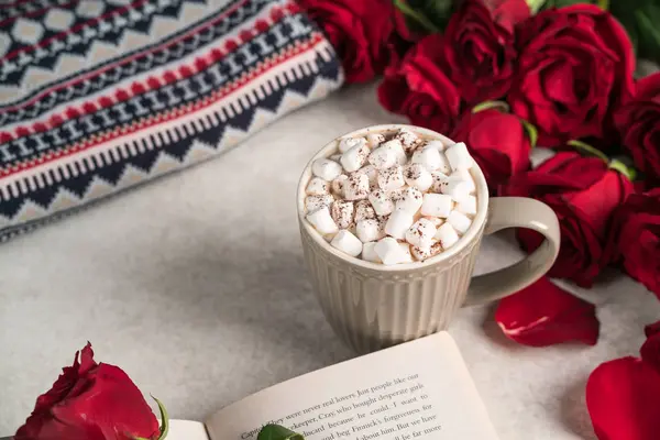 hot chocolate marshmallow, dessert drink, red roses, grey backdrop