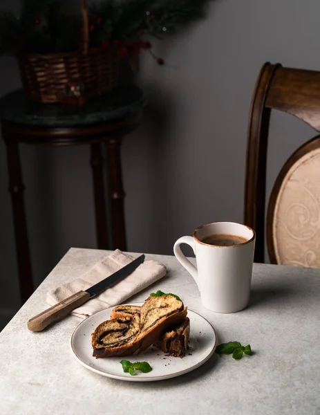 Breakfast Home Black Coffee Chocolate Brioche Bread Grey Marble Table — Stock Photo, Image