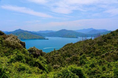 Marlborough Sesleri 'nin panoramik görüntüsü Picton, Yeni Zelanda yakınlarındaki Queen Charlotte Drive' dan.