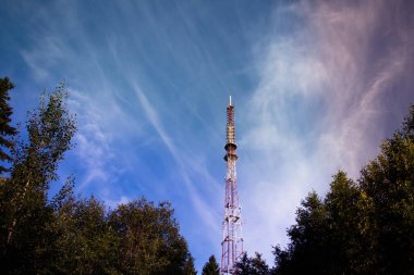 Ormanda, bir güzel gün gökyüzü arka planı telefon sinyal iletimi için yüksek kule.