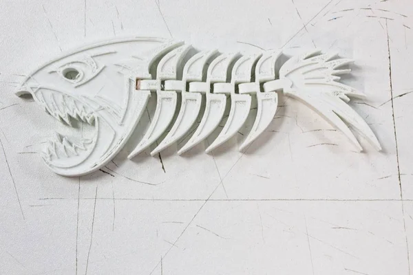 Balık plastik iskelet beyaz bir arka plan üzerinde yatıyor. 3d bir yazıcıda yazdırılır. Çok güzel yapılmış bir şey.