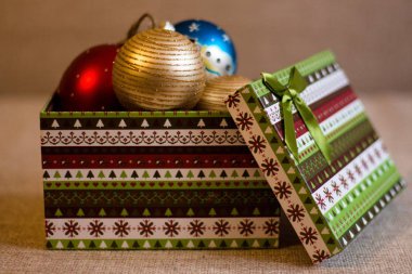 Şenlikli bir Noel ağacı süslemeleri Noel desenleri güzel bir kutuda katlanır. Güzel topları Noel ağacı intikam almaya hazırız.