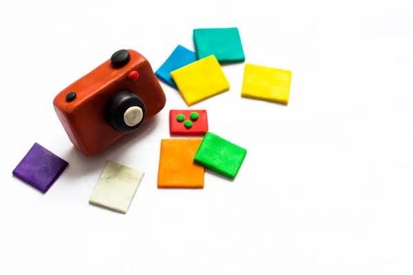 Small Vintage Camera Brown Color Made Plasticine Next Camera Few — Stock Photo, Image