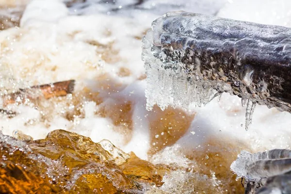 Büyük bir düşmüş ağaç buz tabakası ile kaplıdır. Bir günlük geçerli nehrin üzerindedir. Parlak ve sıcak güneş ısınır ve buz erir. Damlalar kaynar nehir suyuna düşer..