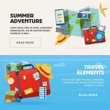 Seyahat öğeleri afiş kümesi. Yaz tatil arka plan düz tasarım. Afiş turizm seyahat elemanları - kırmızı vintage kostümlü case, harita, telefon, Bilet pasaport, şapka, ile pusula. Vektör çizim.