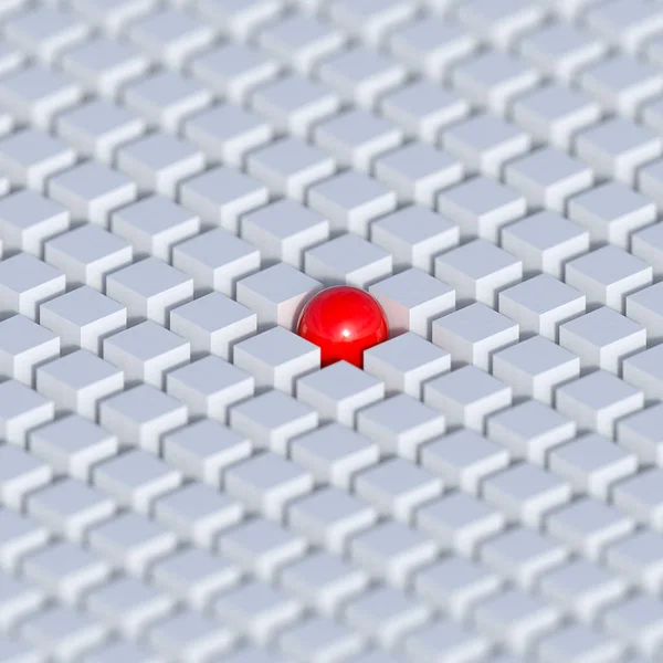 Background about individuality. Bright red sphere in a large group of white squares.