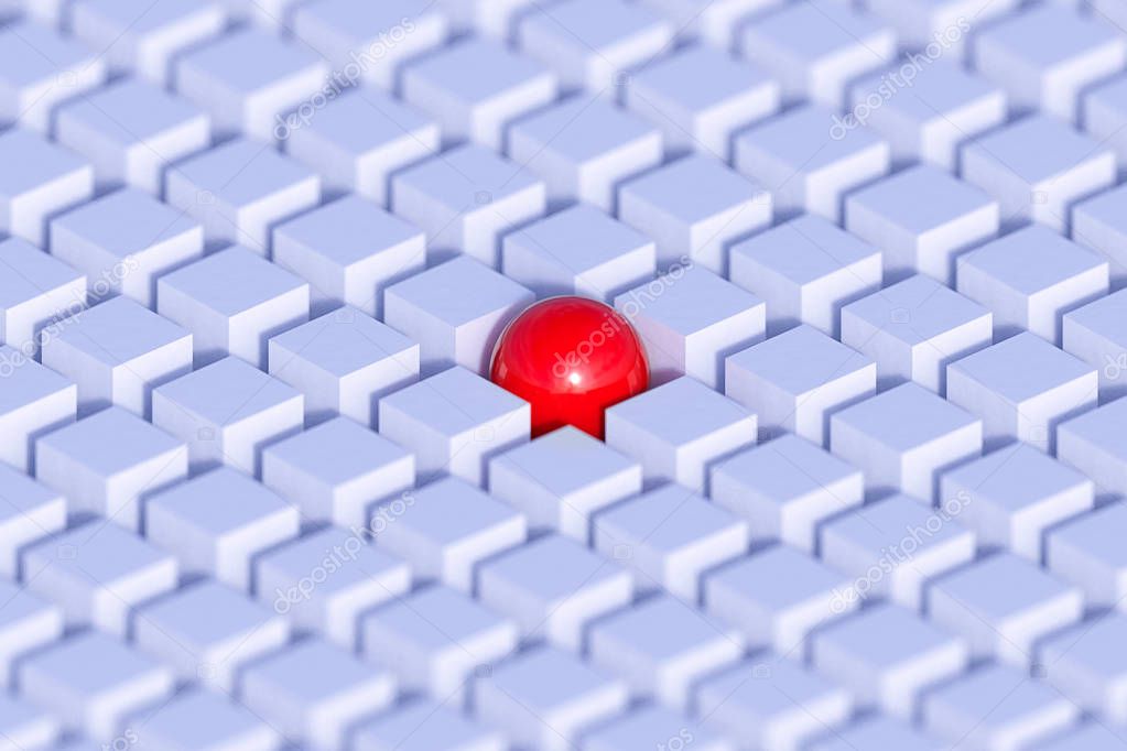 Bright red sphere in a large group of white squares. Background about individuality.