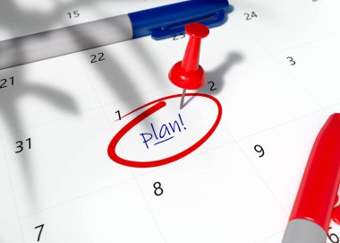 Takvim kelime planı ile kırmızı iğnesi. Sabitlenmiş gün.