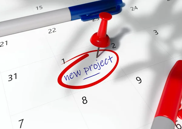 Concept image of a Red Pin on calendar with words NEW PROJECT to remind for important appointment.